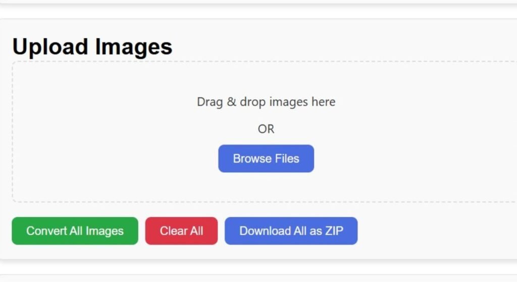 WebP converter download panel with convert all images clear all and download all as ZIP buttons