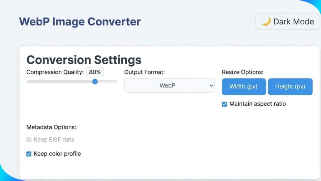 WebP image converter tool conversion settings interface showing quality slider at eighty percent