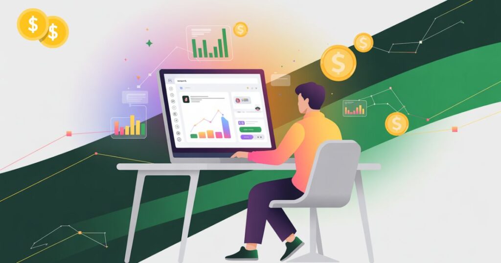 Freelancing with ChatGPT shown by a person chatting with ChatGPT on a laptop about SEO tasks