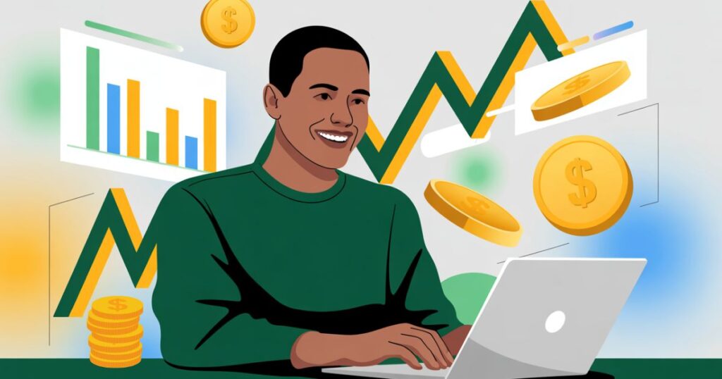 Investment-based passive income (low effort) shown by a smiling person in a green shirt working on a laptop with dollar coins and growth lines