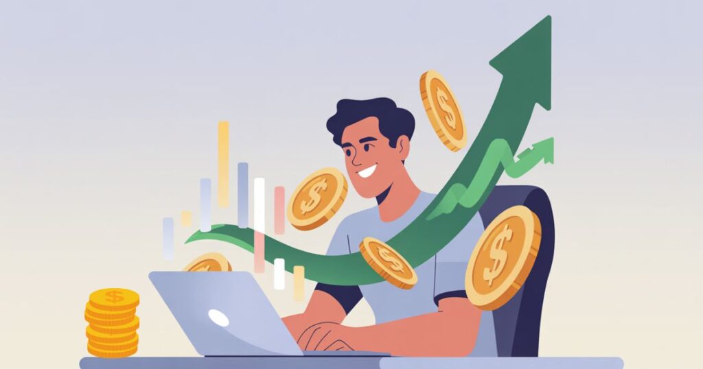 AI-powered passive income ideas (future proof) shown by a smiling person working on a laptop with a progress line and dollar coins