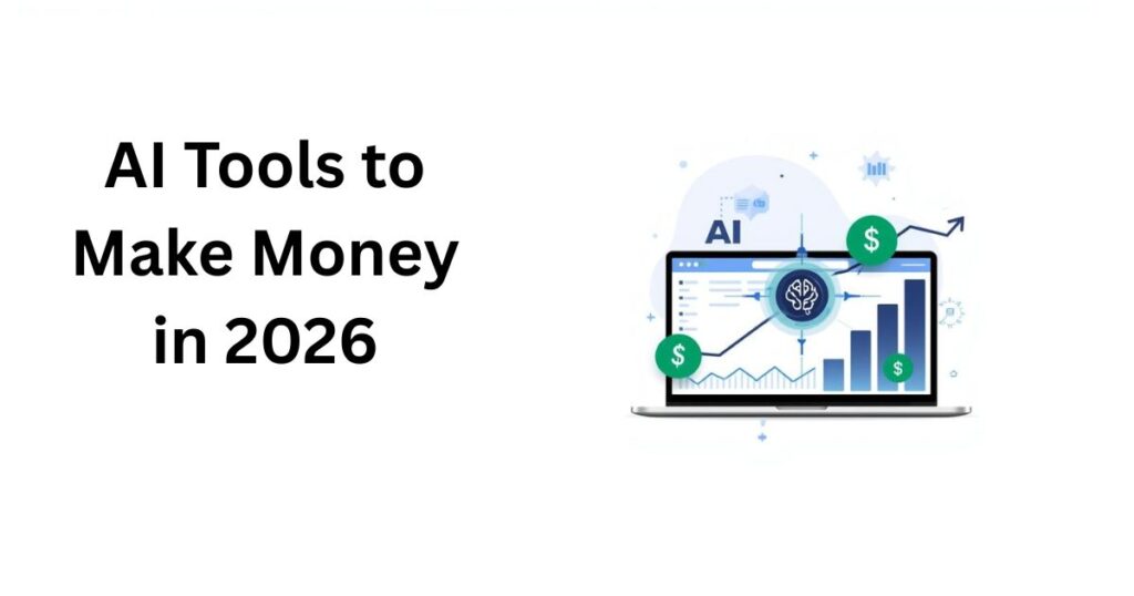 AI tools to make money shown on a laptop with AI icon, dollar symbol, and growth line highlighting how artificial intelligence boosts income in 2026