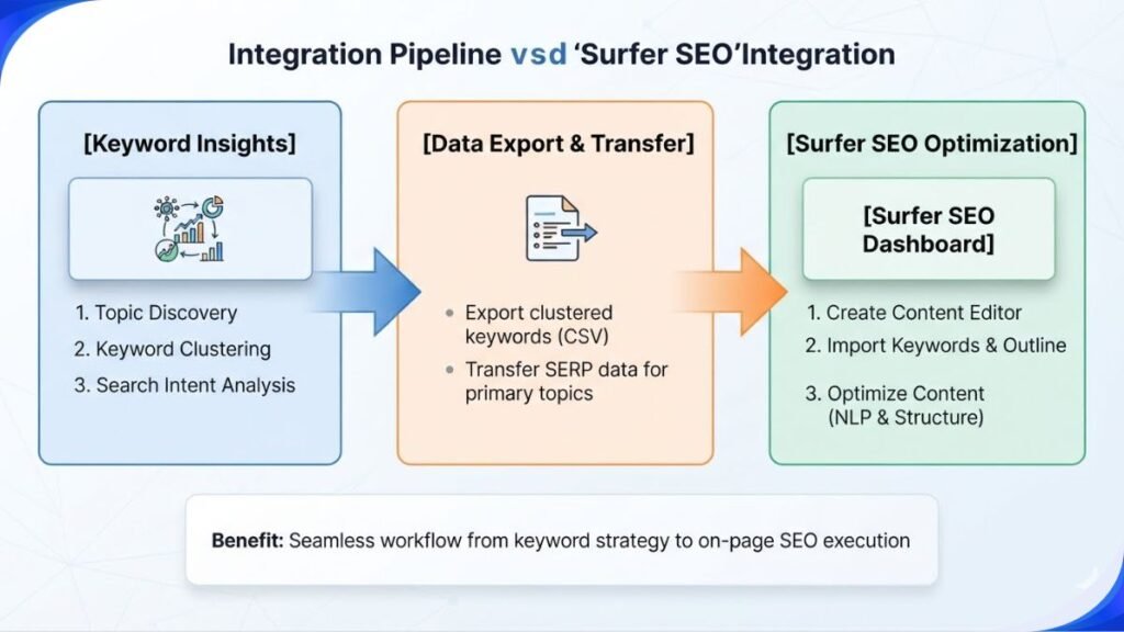 Clean workflow chart showing how search data flows from Keyword Insights clustering into Surfer SEO content optimization dashboard.