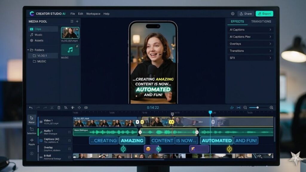 An AI-powered vertical video editor dashboard interface showcasing automated speech-to-text captions and editing timelines.
