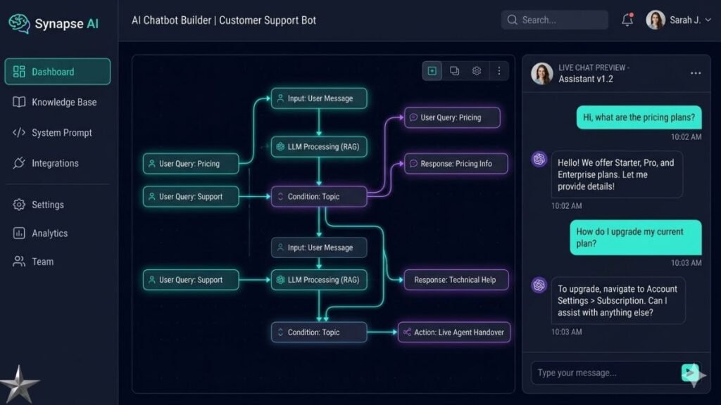 A professional custom RAG AI chatbot setup dashboard and node-based configuration tree for automated customer support channels.