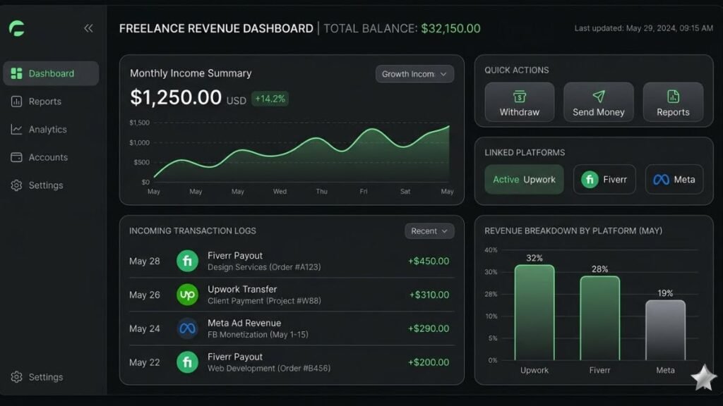 A financial analytics dashboard tracking remote earnings with revenue breakdown charts and icons for Upwork, Fiverr, and Meta.