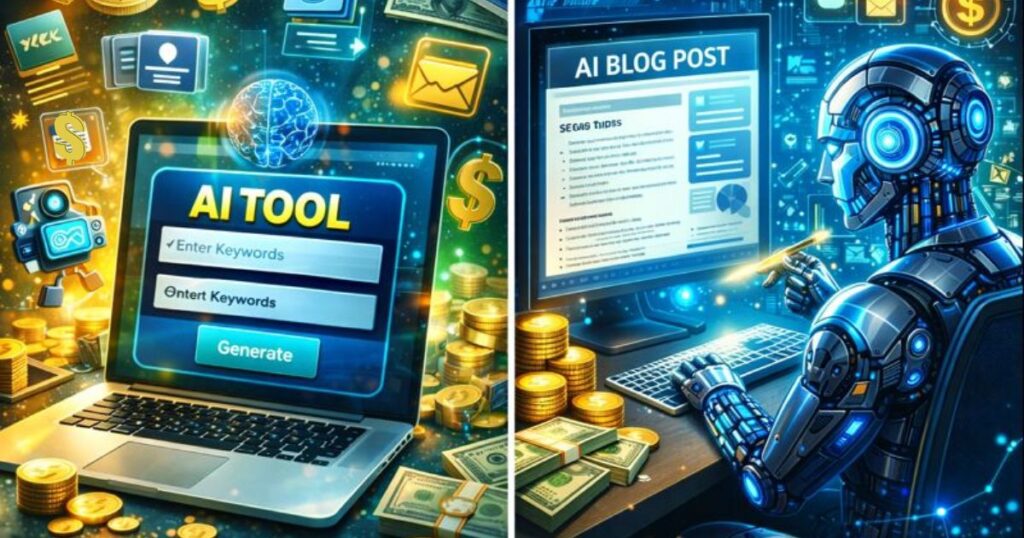 AI-powered blogging and content automation shown by a robot writing blog content on a laptop using artificial intelligence