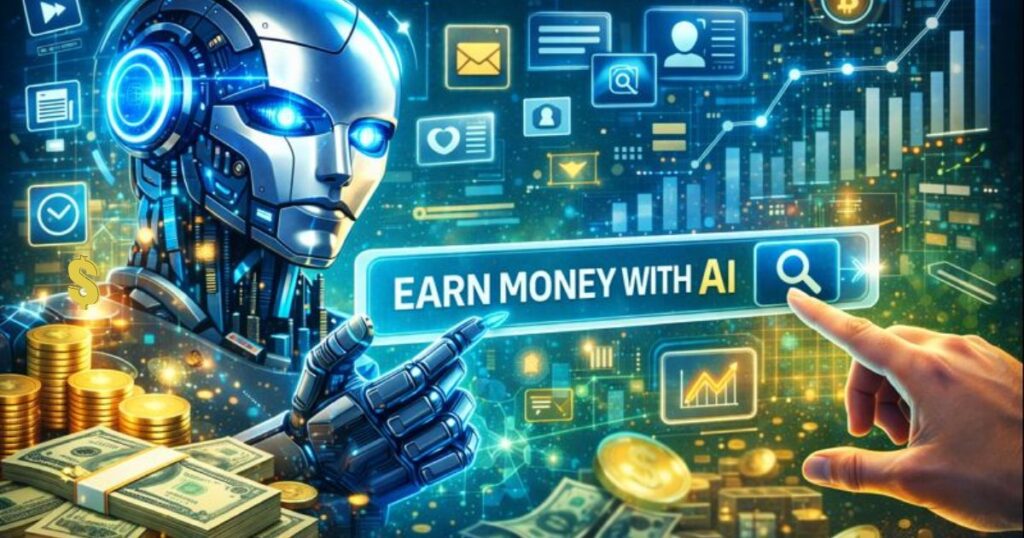 AI affiliate marketing (high ROI model) shown by a human hand and AI robot displaying “earn money with AI” on a digital screen