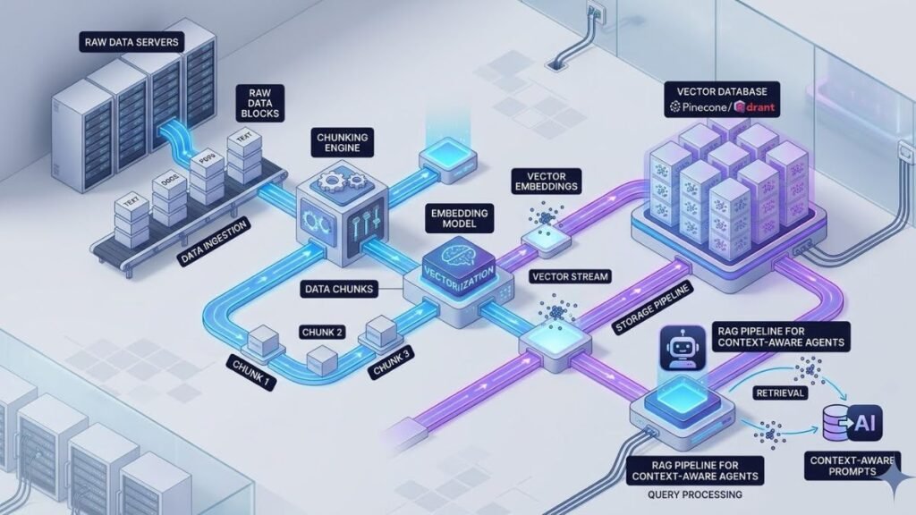 A technical 3D flowchart diagram visualizing data parsing chunking and vector storage loops inside a modern secure RAG database network.