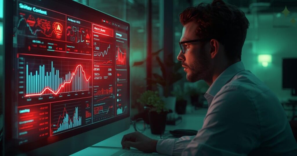 Man looking at laptop screen with a content alert, representing common myths about AI-powered SEO and content automation.