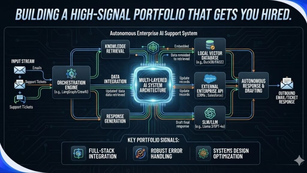 High-signal enterprise AI portfolio system architecture diagram showing automated email support pipeline with vector database and orchestration engine.