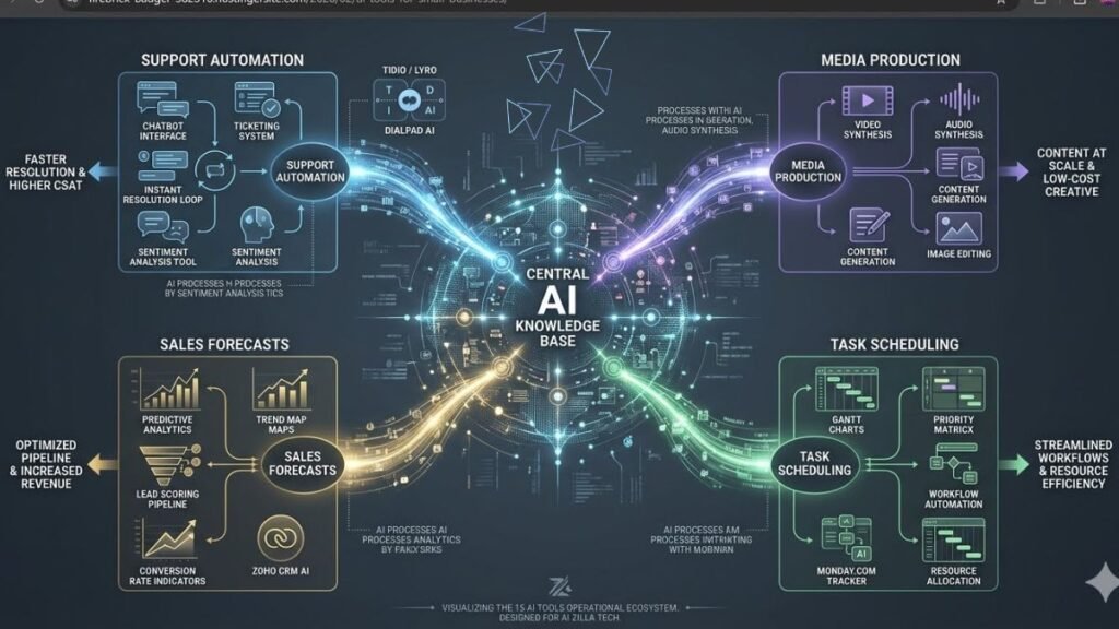 Technical workflow diagram mapping 15 high-impact small business AI tools into a centralized automation stack framework spanning customer support, media production, and predictive sales analytics.