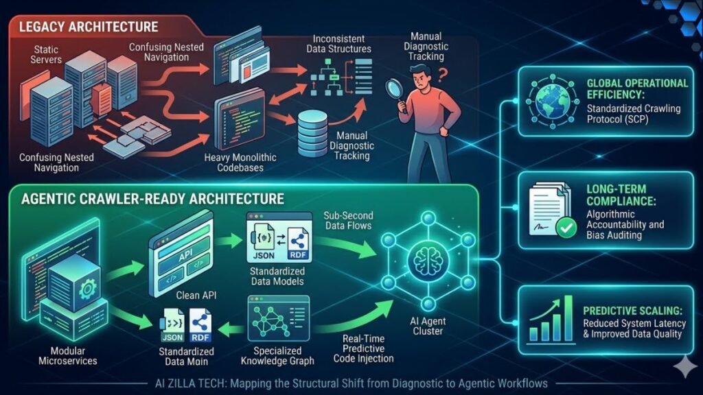Technical comparison graphic showing a legacy manual web optimization cycle side-by-side with a real-time autonomous agentic workflow loop.