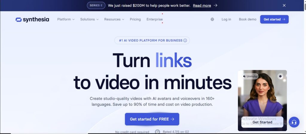 Synthesia AI interface showing a digital avatar creating UGC video content with script and voiceover options.