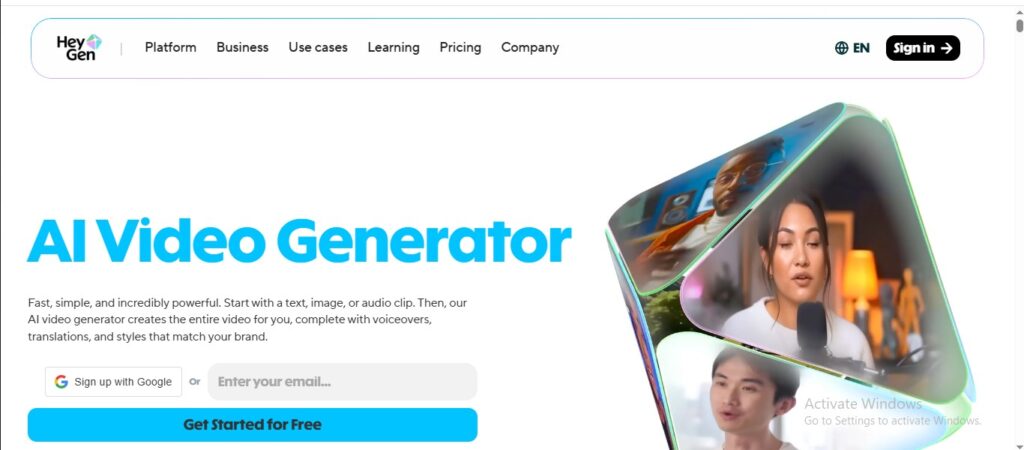 HeyGen AI platform displaying a realistic AI presenter generating short-form social media videos.”