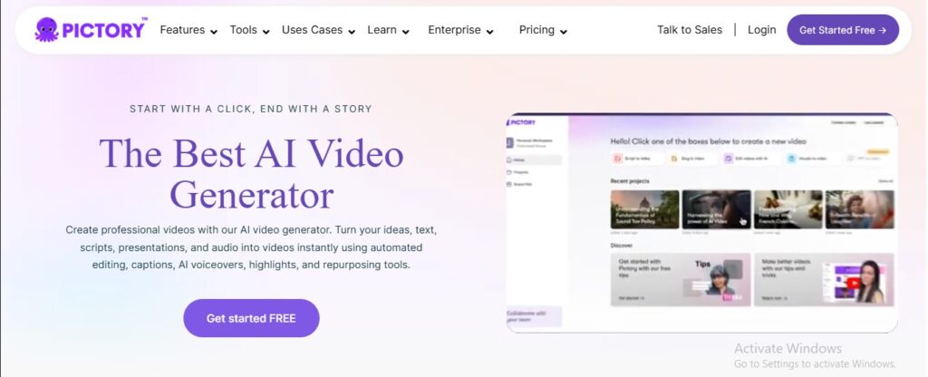 Pictory AI converting a blog post into a short UGC-style video with captions and highlights.”