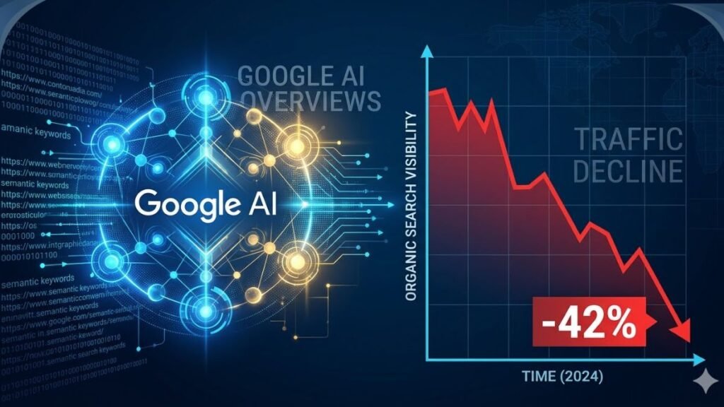 Abstract technical graphic representing Google AI Overviews nodes analyzing web data next to a line chart displaying a 42 percent organic search traffic decline.