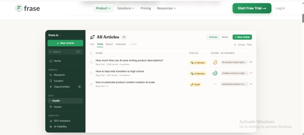 Frase AI SEO tool for tracking AI search visibility