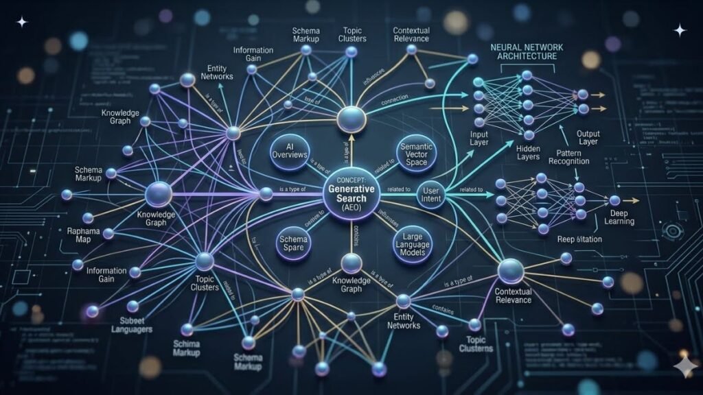 Semantic entity network and neural network data paths for AI search engines