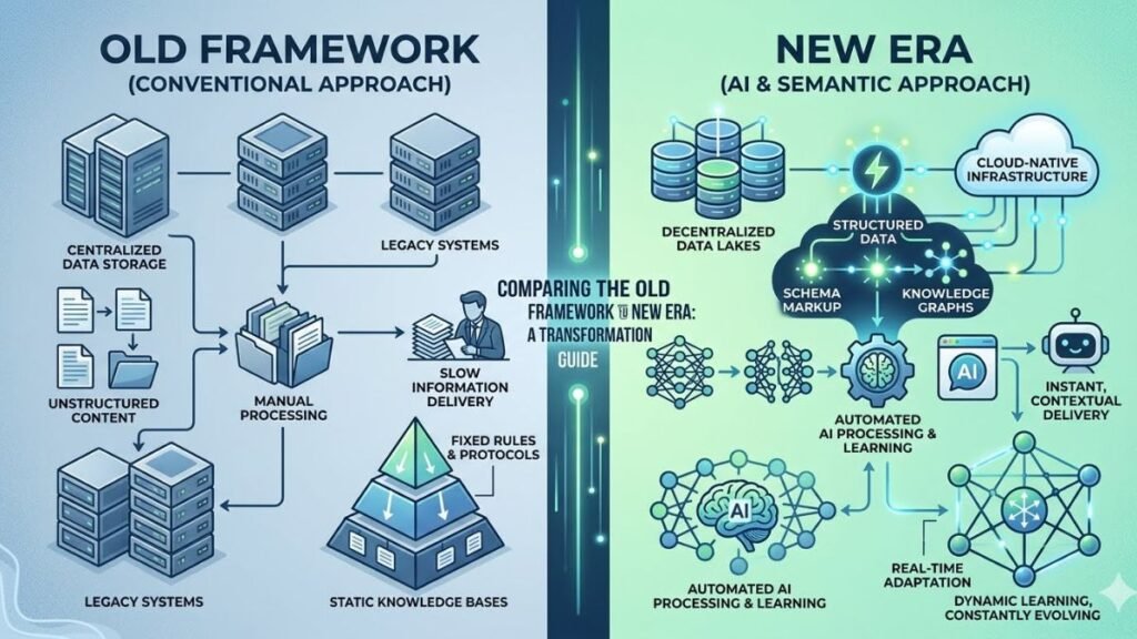 Traditional SEO vs Generative AI search framework matrix infographic