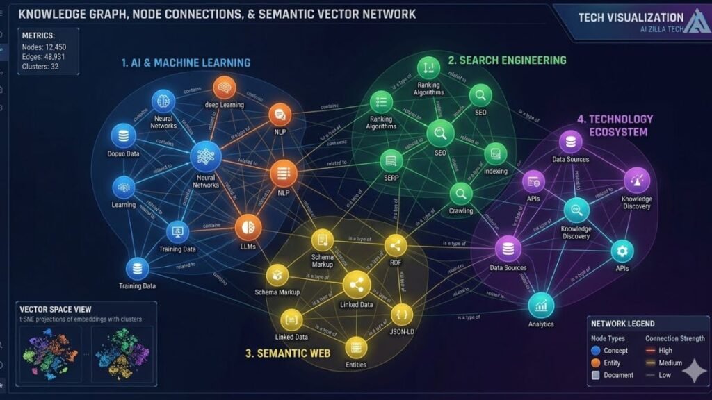 Technical knowledge graph and semantic entity network nodes for AI search search engine optimization