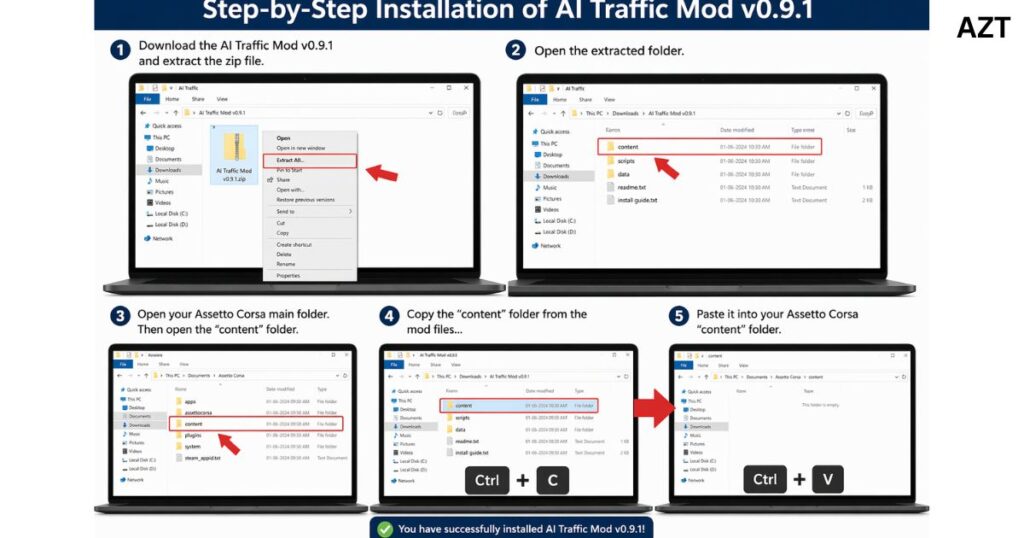 Step-by-step installation of AI Traffic Mod v0.9.1 showing laptop screens with file extraction, folder navigation, and copy-paste processes for Assetto Corsa setup.