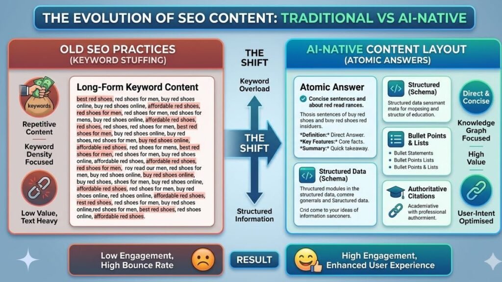 Traditional Keyword Stuffing vs AI Native Atomic Answer Layout Infographic
