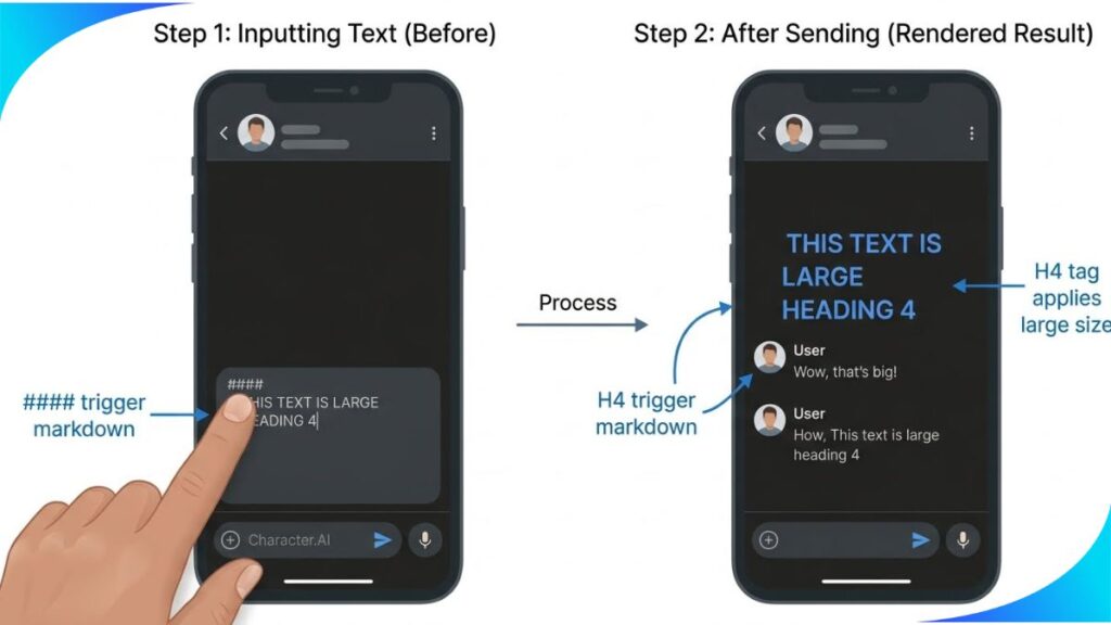 Character.AI chat interface showing user input box with four hashtags markdown and the resulting smaller formatted header font inside the output message bubble.