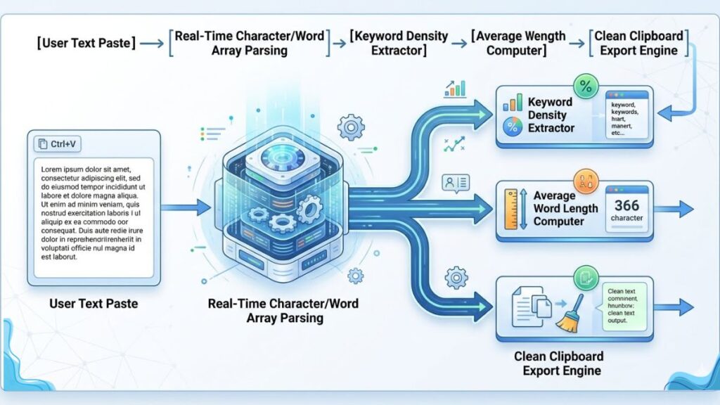 Grammarly's word count engine workflow flowchart showing real-time text parsing, keyword density check, and average word length extraction processes.