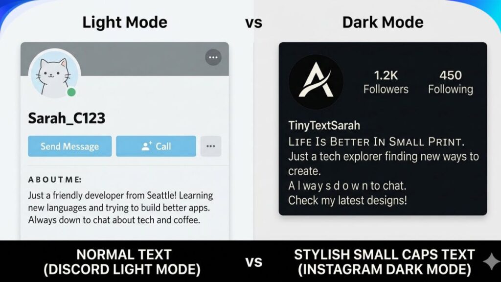 Side-by-side comparison of a standard font Discord profile in Light Mode vs a custom small caps font Instagram bio in Dark Mode.