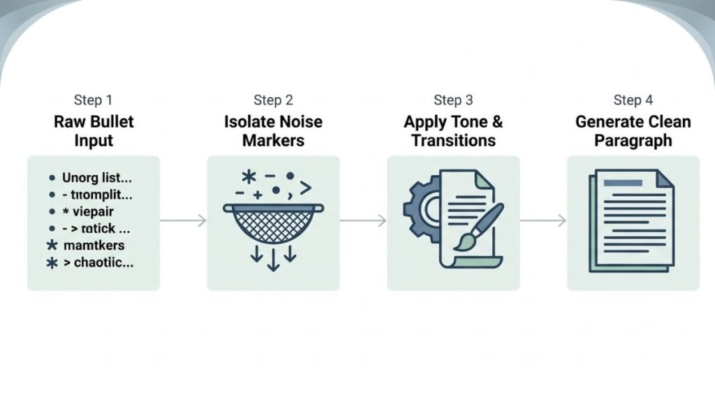 A minimalist horizontal corporate 4-step flowchart chart illustrating raw bullet input, isolated noise markers, tone adjustments, and clean paragraph generation metrics on a solid white background.