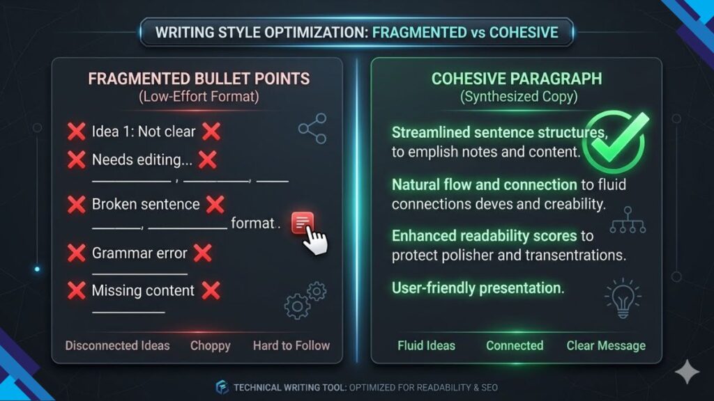 A clean horizontal minimalist side-by-side comparison infographic showing a fragmented outlines box with an X vs a cohesive prose structured block with a green checkmark.