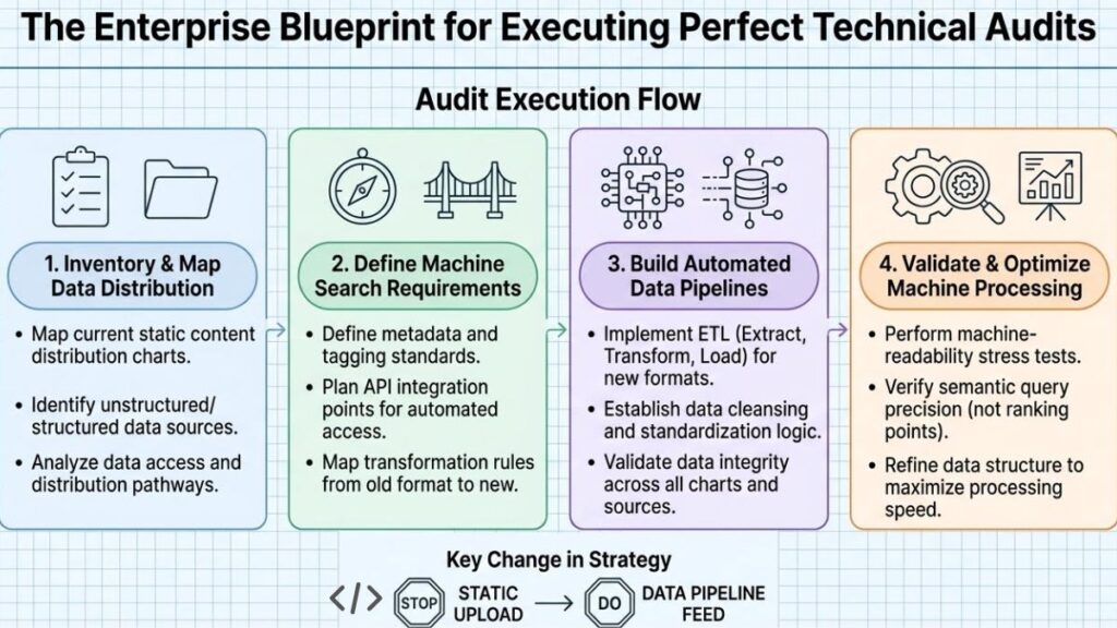 A clean horizontal minimalist 3-step technical audit blueprint flowchart showing server token scoring, documentation mapping, and agent feed deployment icons on a solid white background.