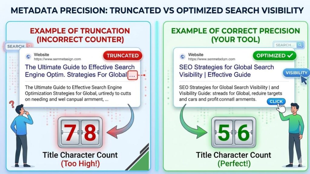 A side-by-side comparison infographic showing a truncated Google search snippet with an X mark versus a perfect-length character-precise title tag with a green checkmark.