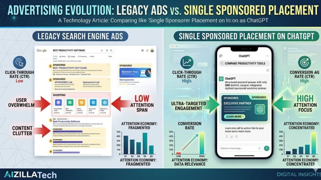 Comparison infographic between Legacy Search Engine Ads with high content clutter and ChatGPT Single Sponsored Placement showing high-attention focus.
