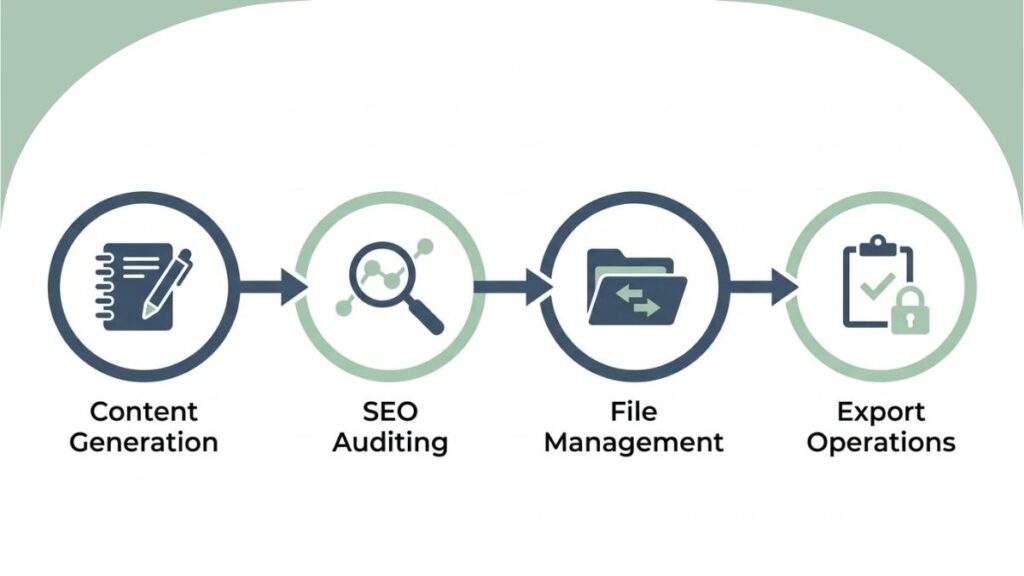 A 4-step horizontal corporate infographic showing content generation, SEO auditing, file management, and export operations on a white background.