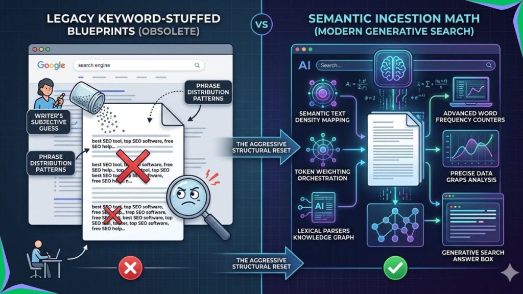 A side-by-side comparison infographic showing a penalized website layout due to legacy keyword stuffing versus an approved optimized layout utilizing semantic token weighting metrics.