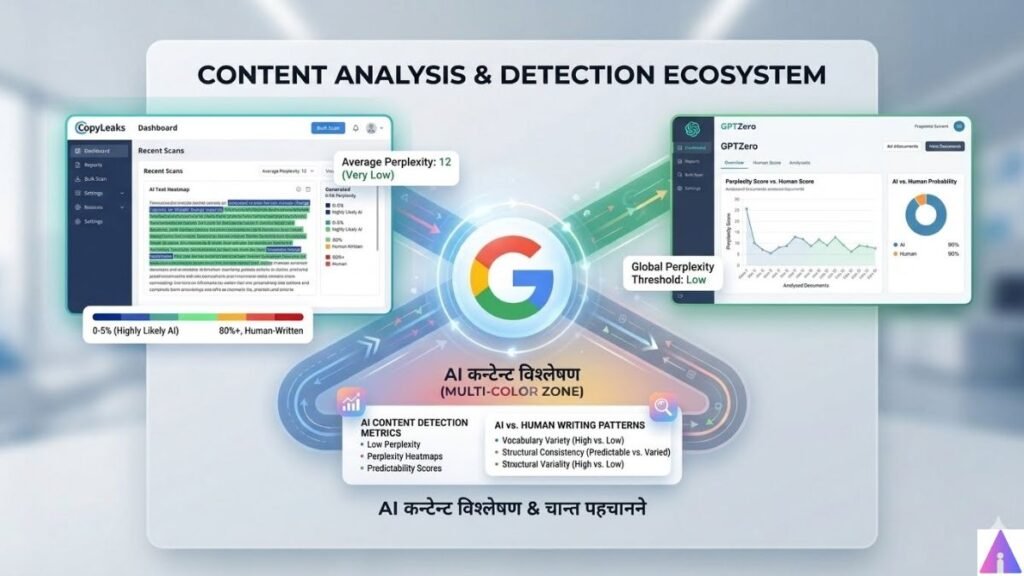 A professional dashboard screenshot of an AI content detector tool highlighting low perplexity and predictable text structures using a heatmap overlay.