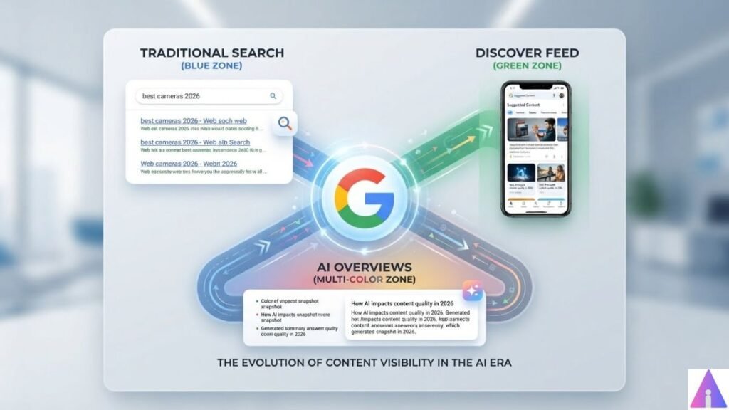 Infographic diagram showing the 2026 tri-platform search ecosystem including Traditional Search, Google Discover Feed, and AI Overviews.