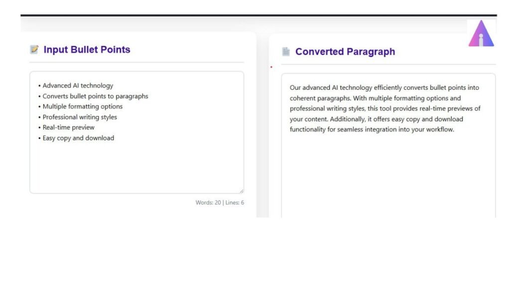 A minimalist horizontal corporate 4-step flowchart chart illustrating raw bullet input, isolated noise markers, tone adjustments, and clean paragraph generation metrics on a solid white background.